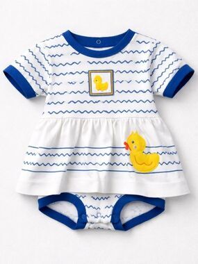Le Top blue and white skirted bodysuit with wave print and duck appliqués 12 min